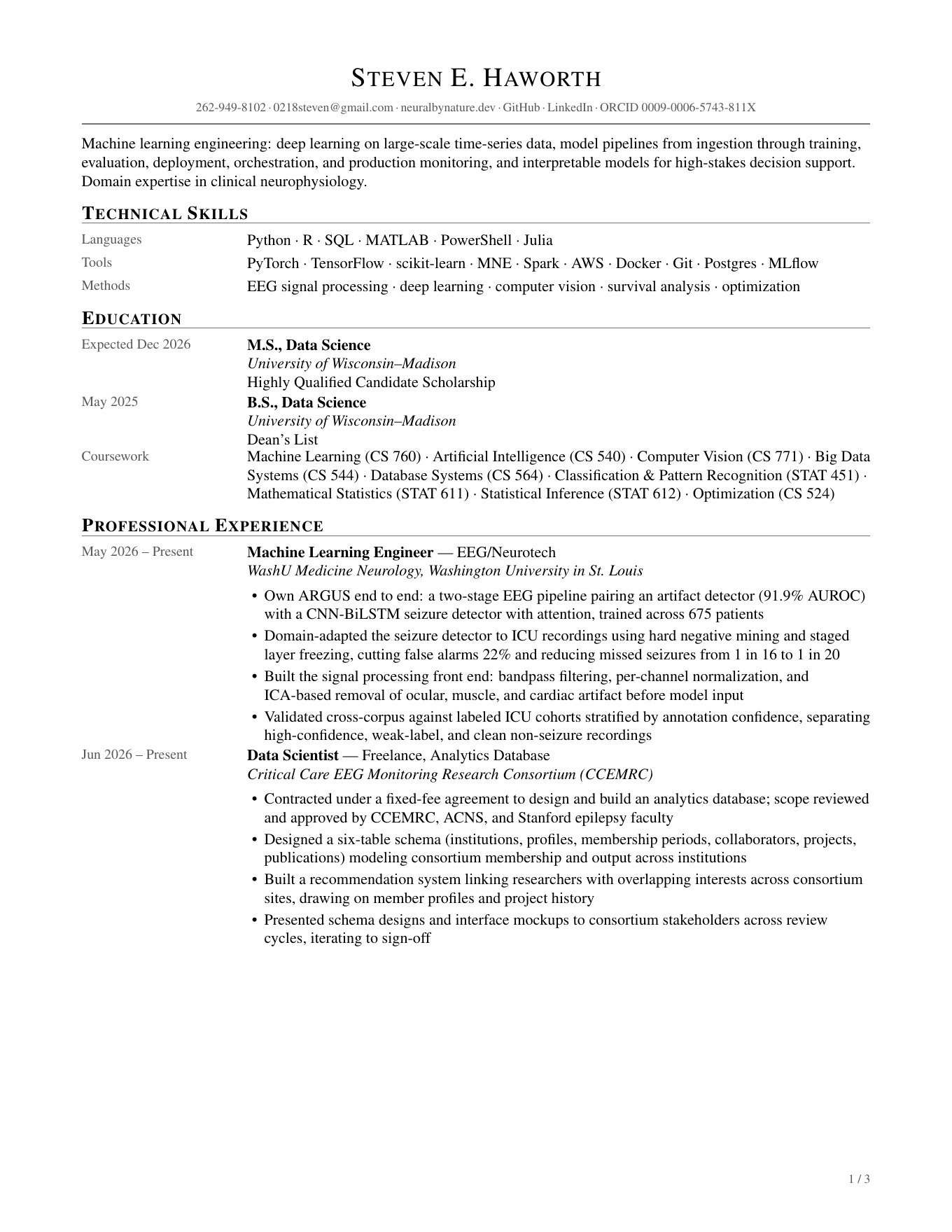 Steven Haworth CV, page 1 of 3