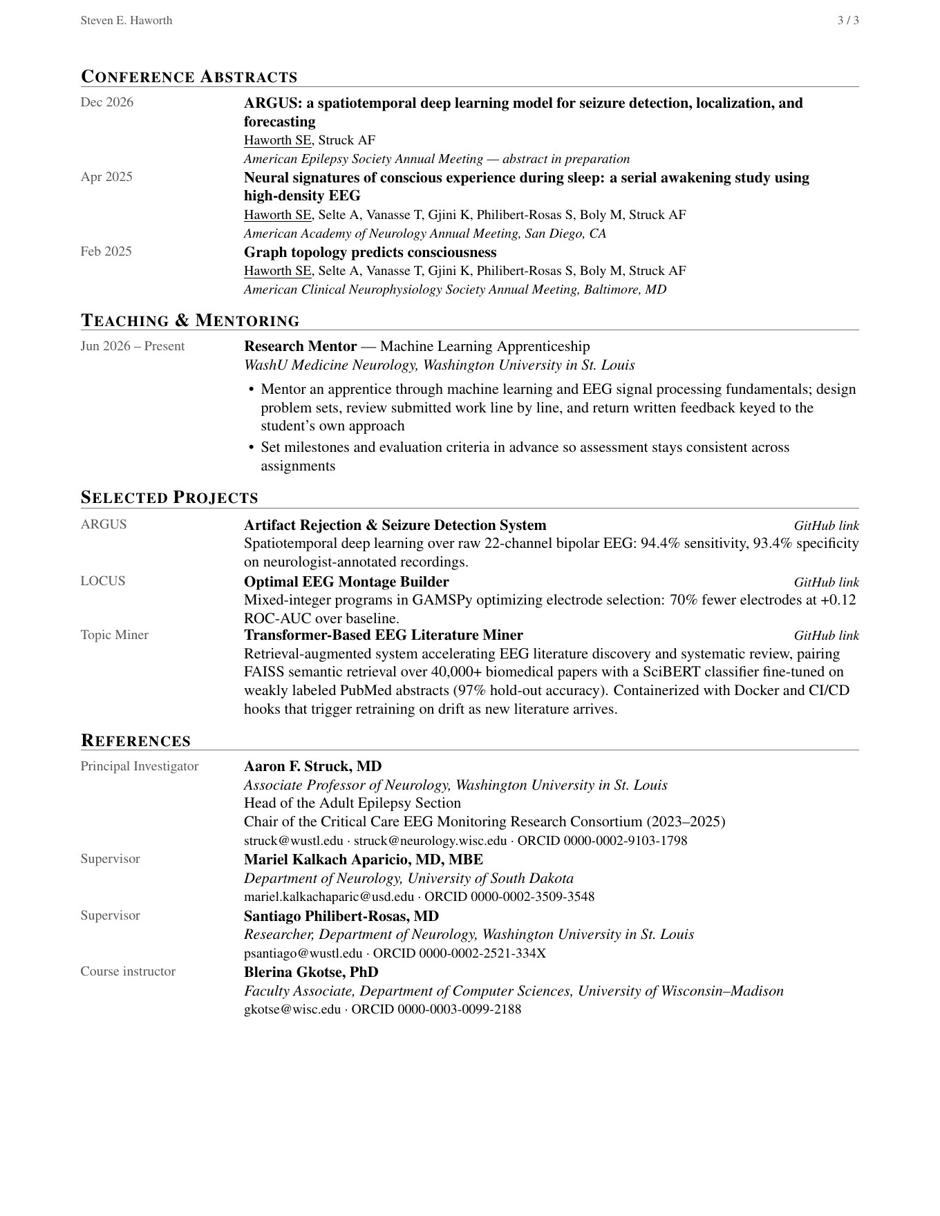 Steven Haworth CV, page 3 of 3